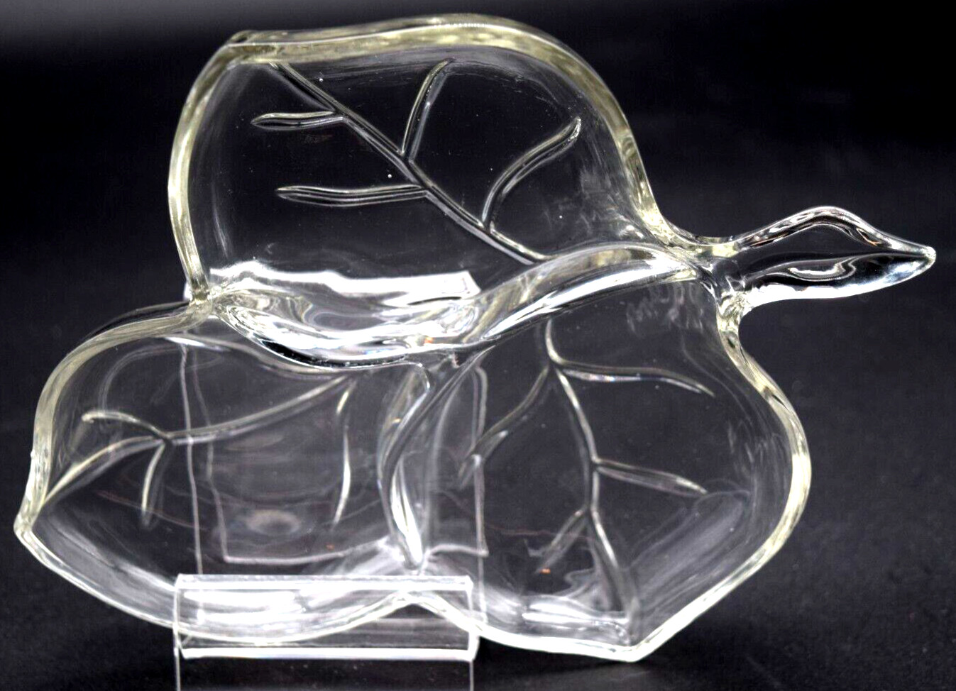 Vintage 8 In Maple Leaf Pattern Clear Glass Three Section Divided Candy Nut Dish