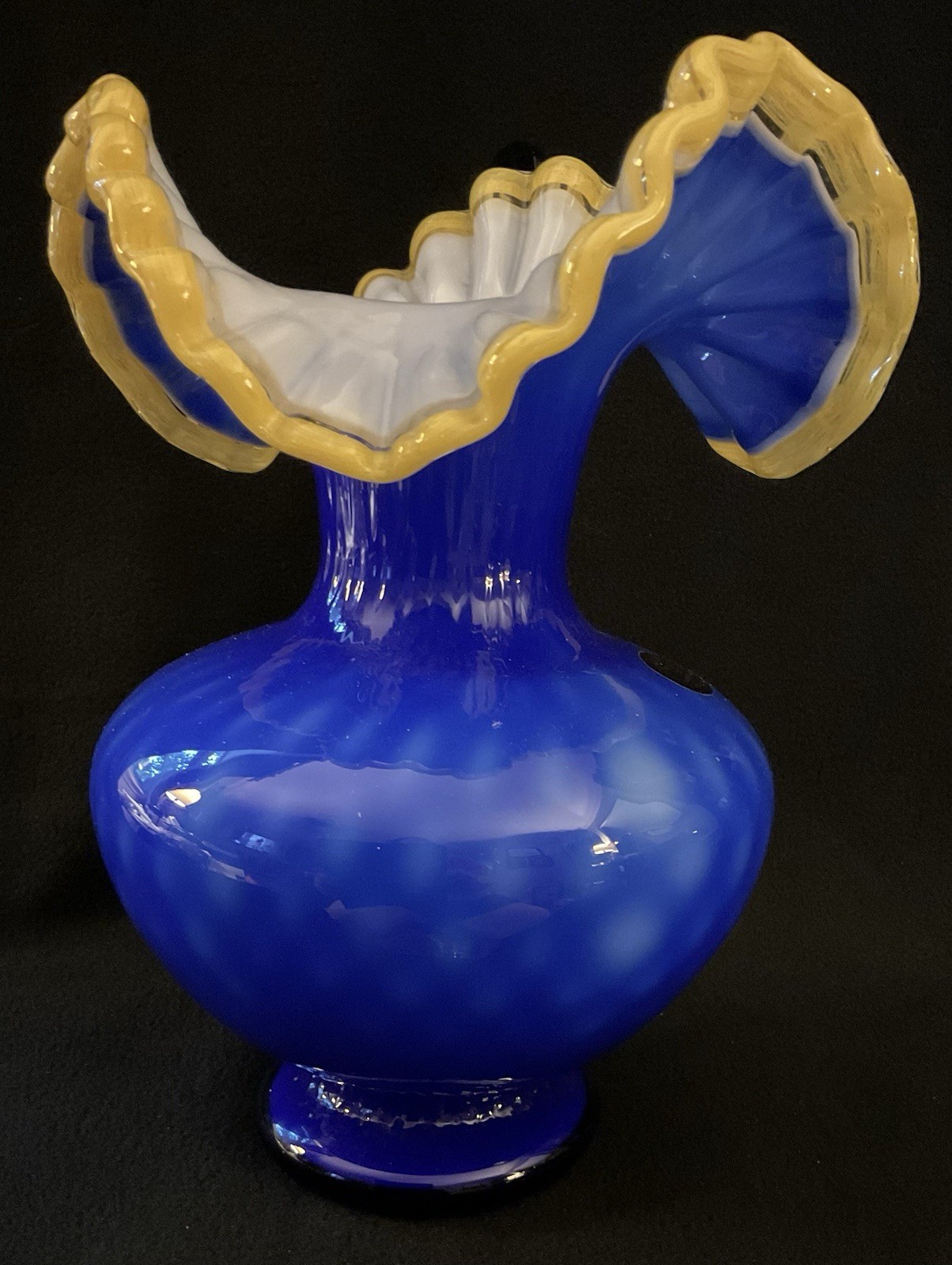 2 MCM Arte Murano Kristall Mery Cobalt Blue Pitcher W/Yellow Ruffled Rim 8.5