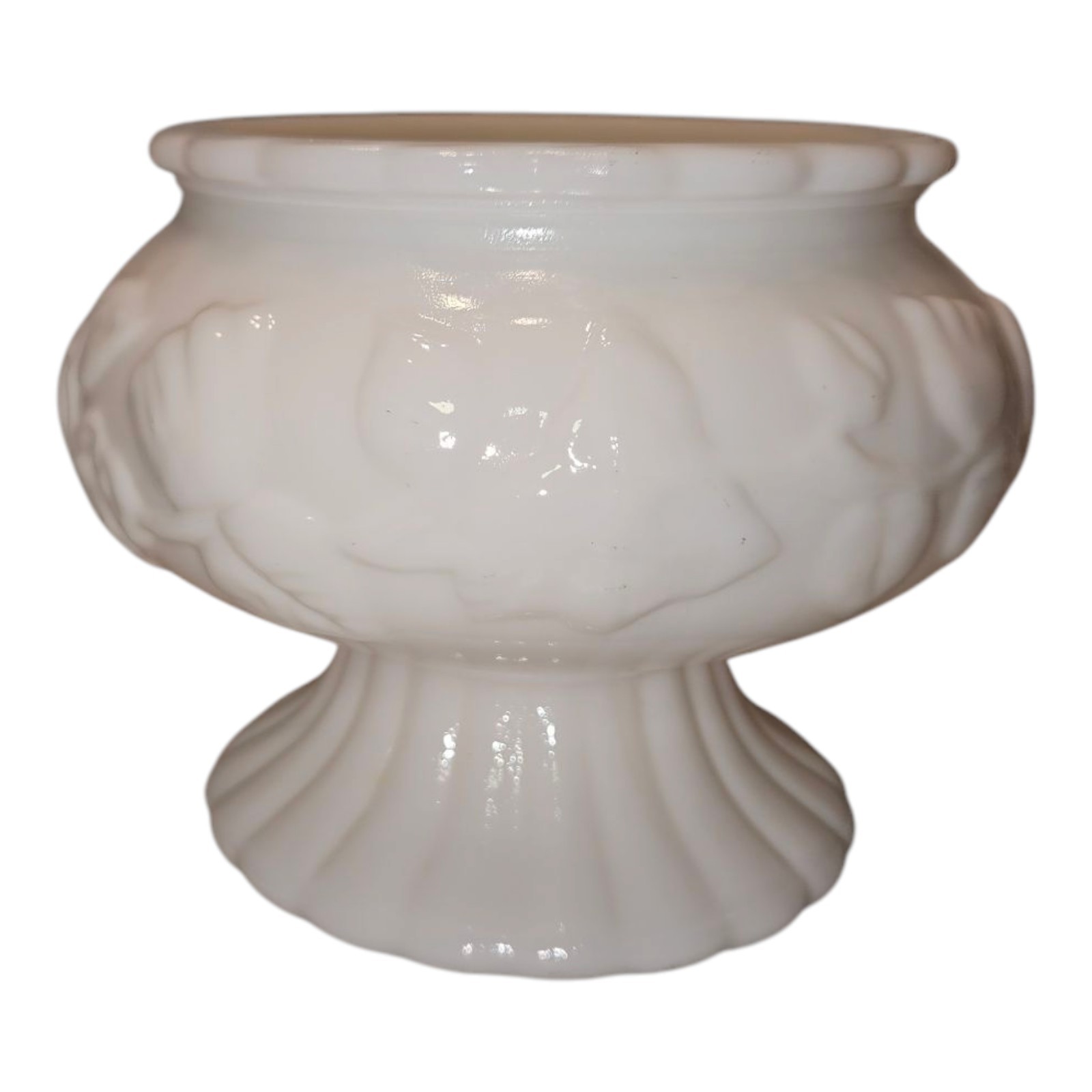 VTG White Milk Glass Embossed Ivy Plant Pedestal Compote Bowl Home Decor 70’s