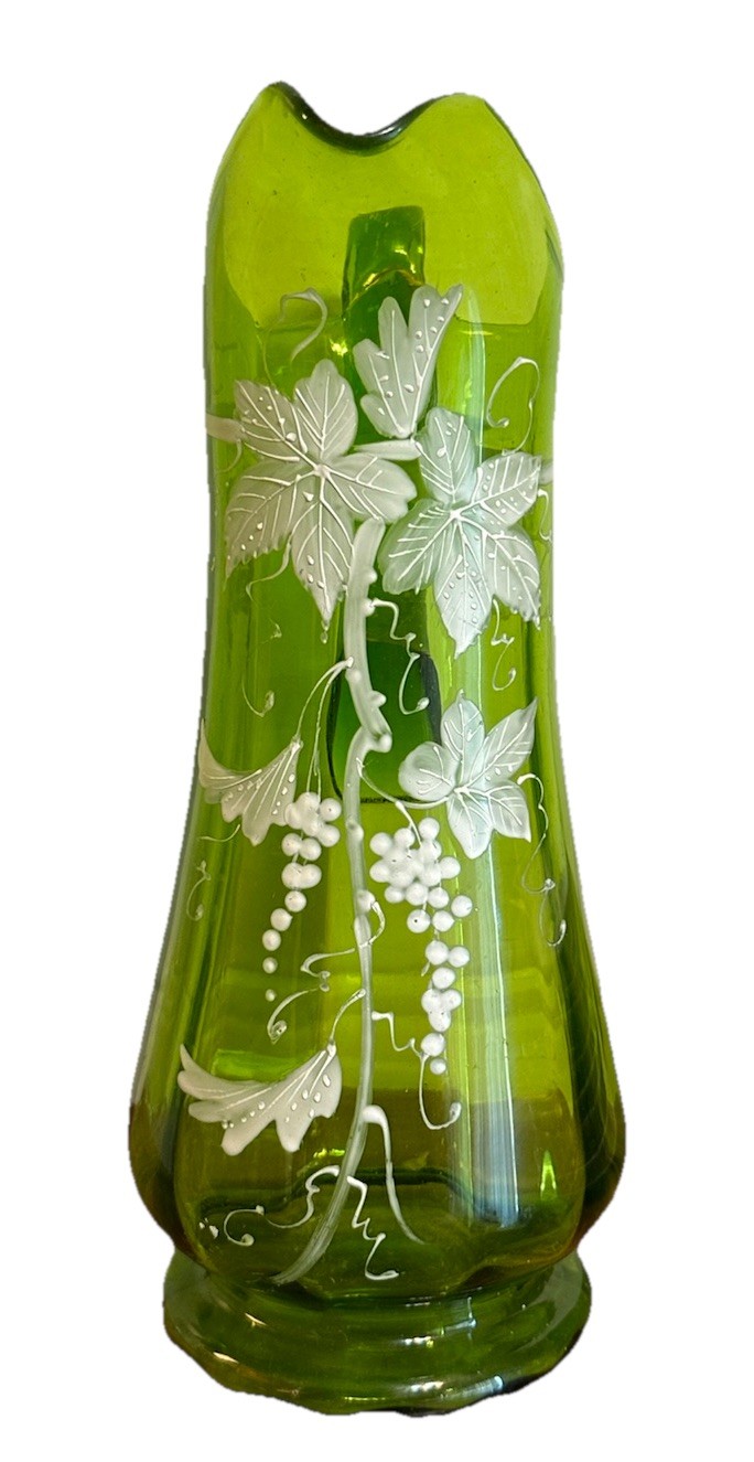 Antique Victorian Green Glass Hand Blown Pitcher 3-D Enamel Work Grape Vines