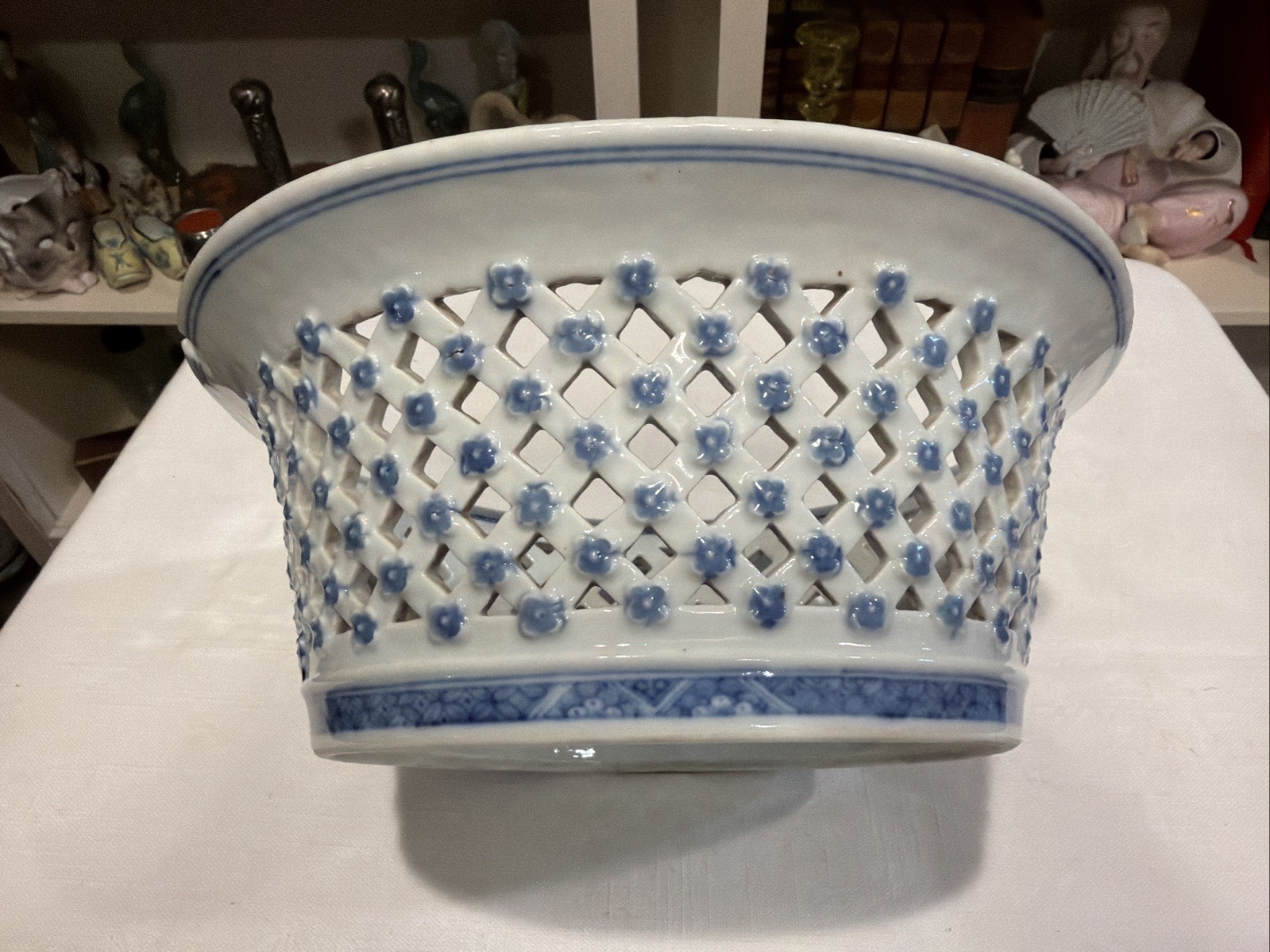 Rare Reticulated Canton Blue and White Chestnut Bowl Antique Transferware