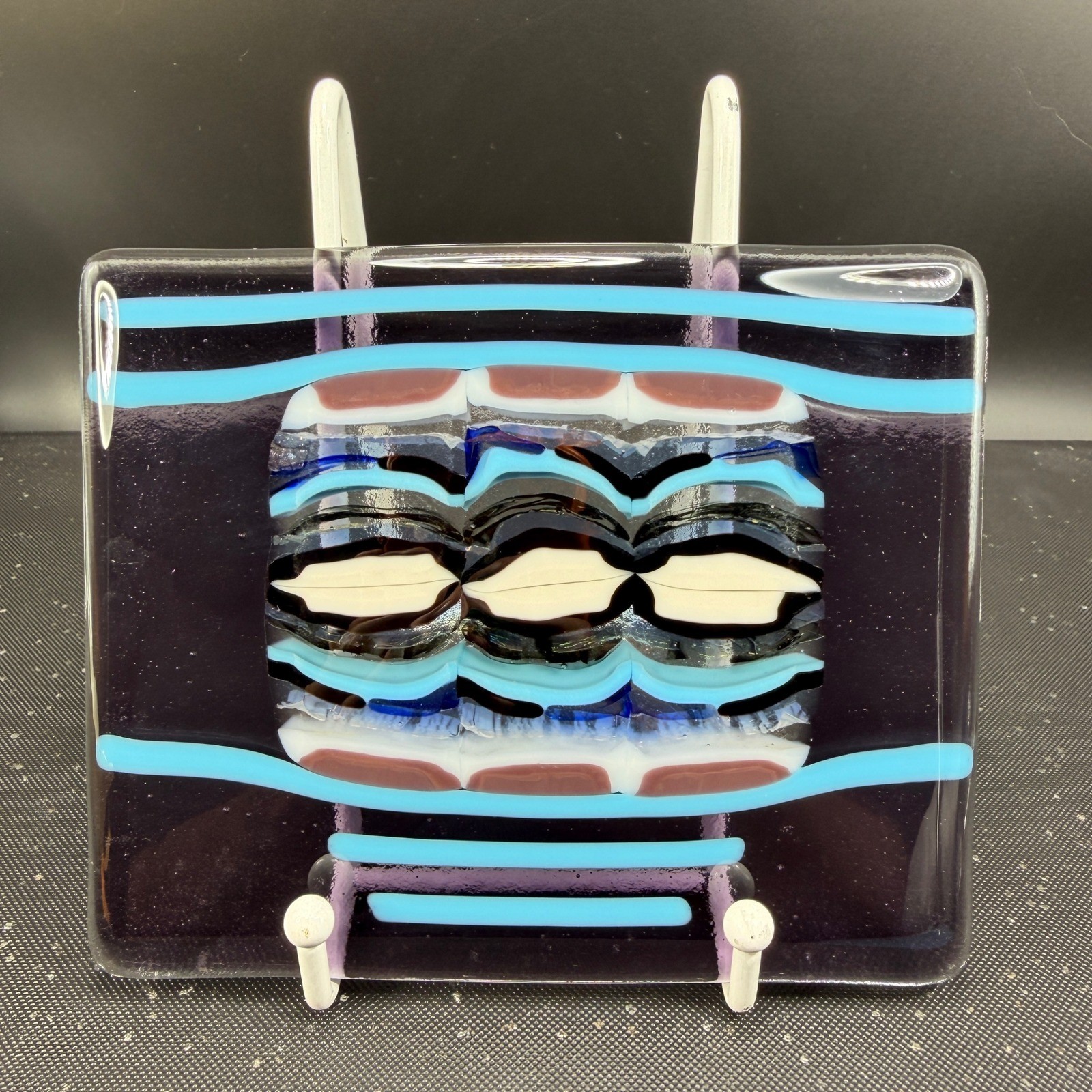 Handmade Fused Glass Art Plate Abstract Geometric Purple Turquoise 6×5 Inch