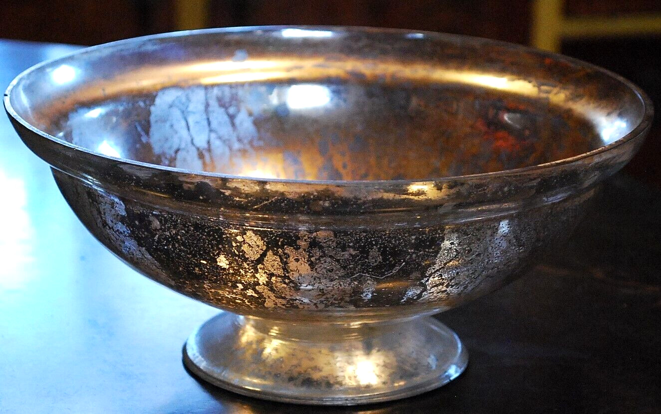 Antique Victorian SILVERED MERCURY GLASS BOWL Pedestal Base HAND BLOWN 9.25″
