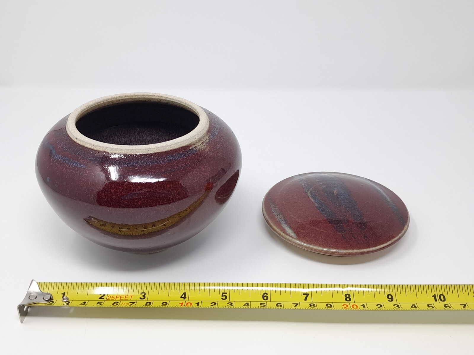 Stoneware Pottery Jar w/ Lid onion shape Deep Red w/ Blue signed