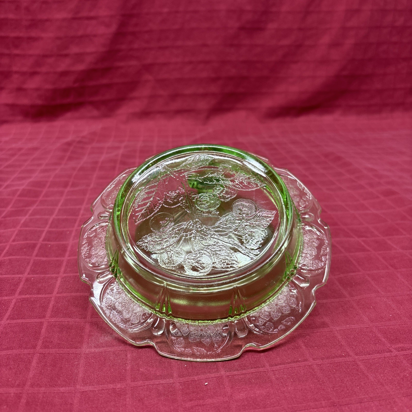 Jeannette Uranium Green Cherry Blossom Butter Dish Depression Glass Vintage
