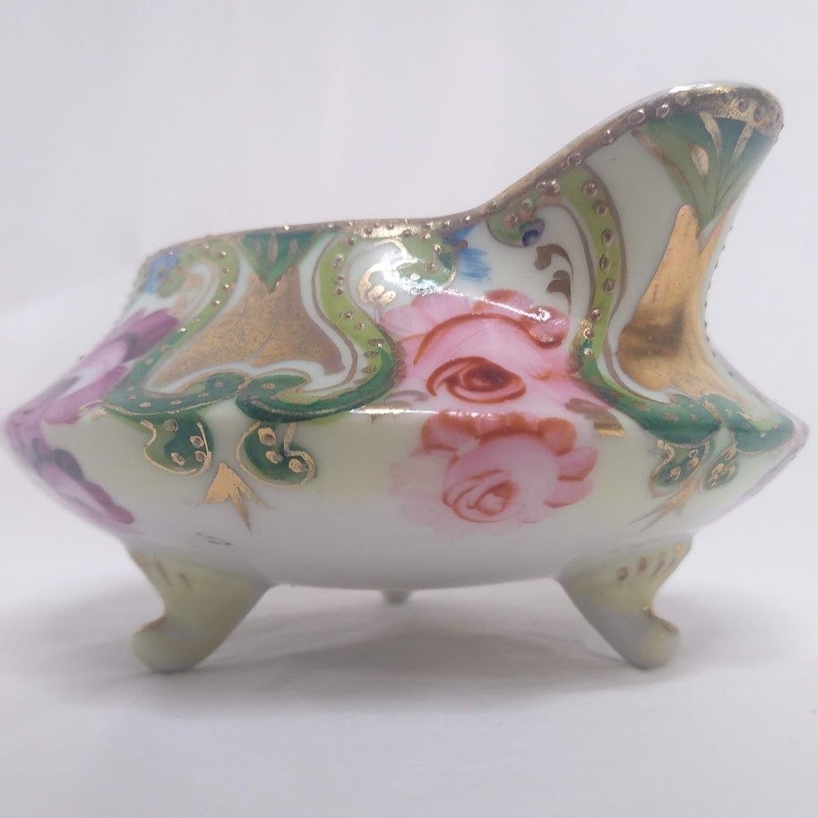 Antique Nippon Hand Painted Three Footed Creamer Moriage Pink Rose Gold Pitcher