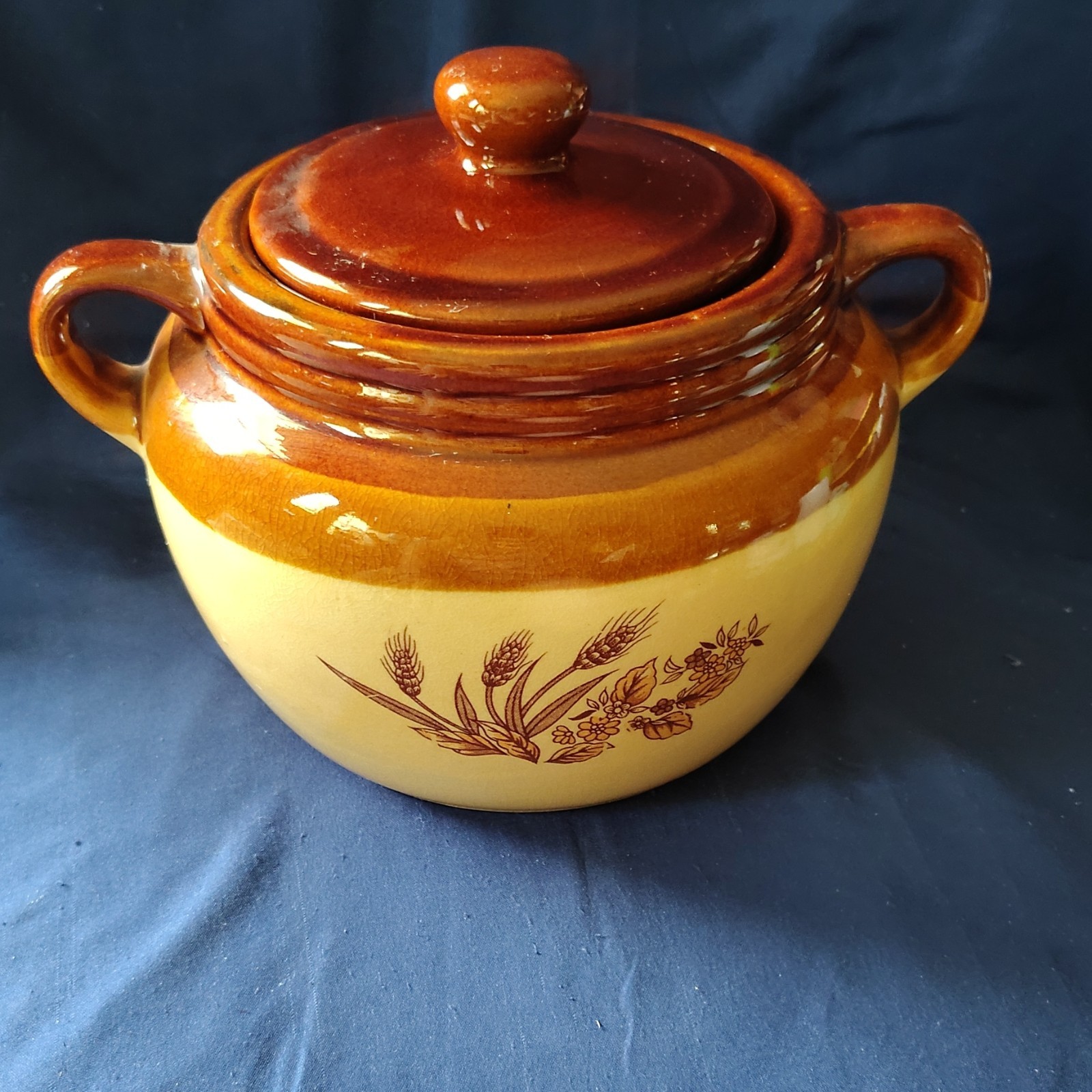 Vintage Stoneware Pot With Lid Harvest Wheat Pattern Two-Toned Brown