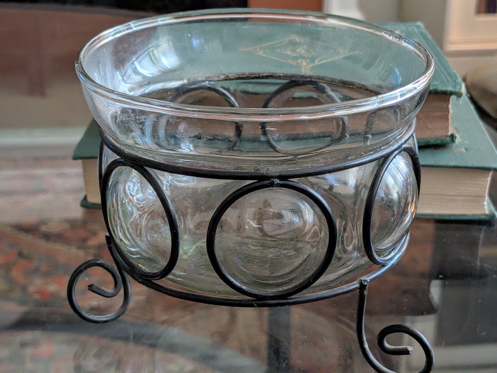 Vtg Blown Bubble Glass & Metal Caged Bowl Studio Welded Metal Frame 90s Art