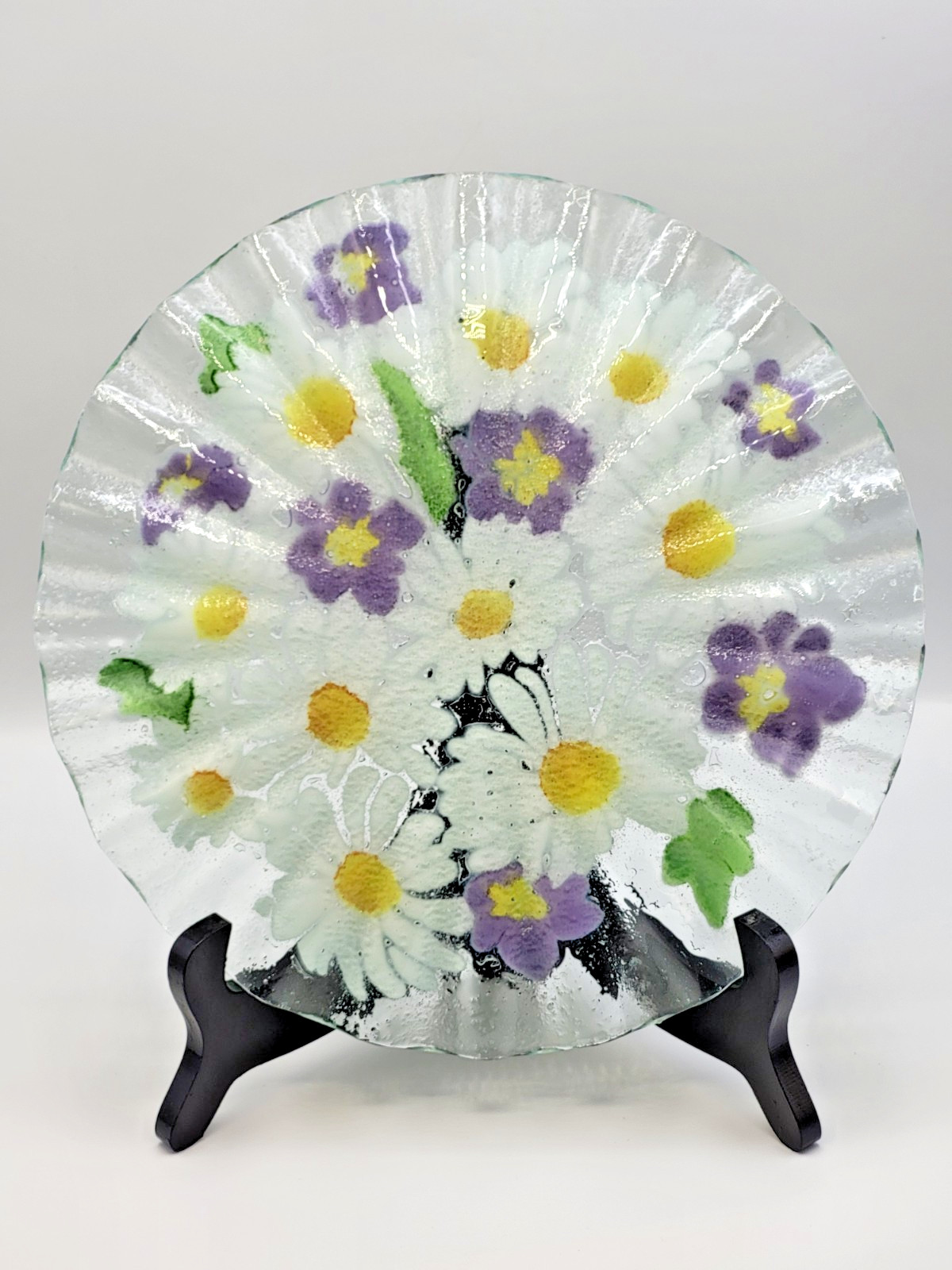 Folio Signed Fused Art Glass Plate Daisy & Pansy 10.25″ Ruffled Edge Hand Made