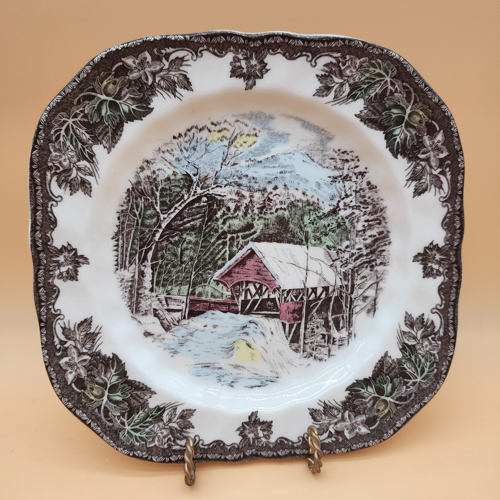 2 Johnson Brothers Friendly Village Covered Bridge Square Salad Plates-7.1/2″