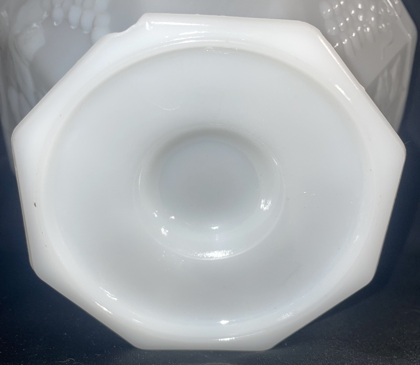 Milk Glass Grapes and Leaves Footed Pedestal Fruit Bowl Octagon 9 1/2 Inches