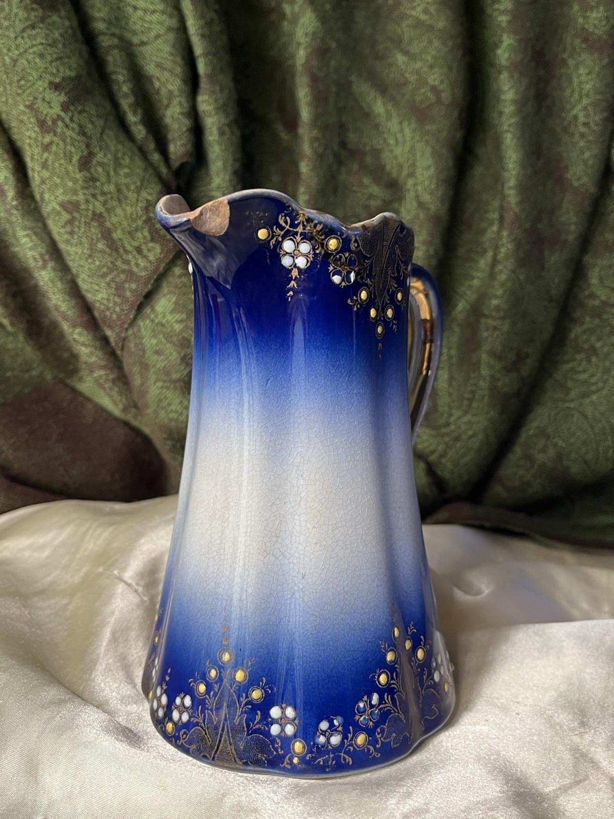 K et G Lunéville Blue White Gold Ceramic Floral Decorative Pitcher France