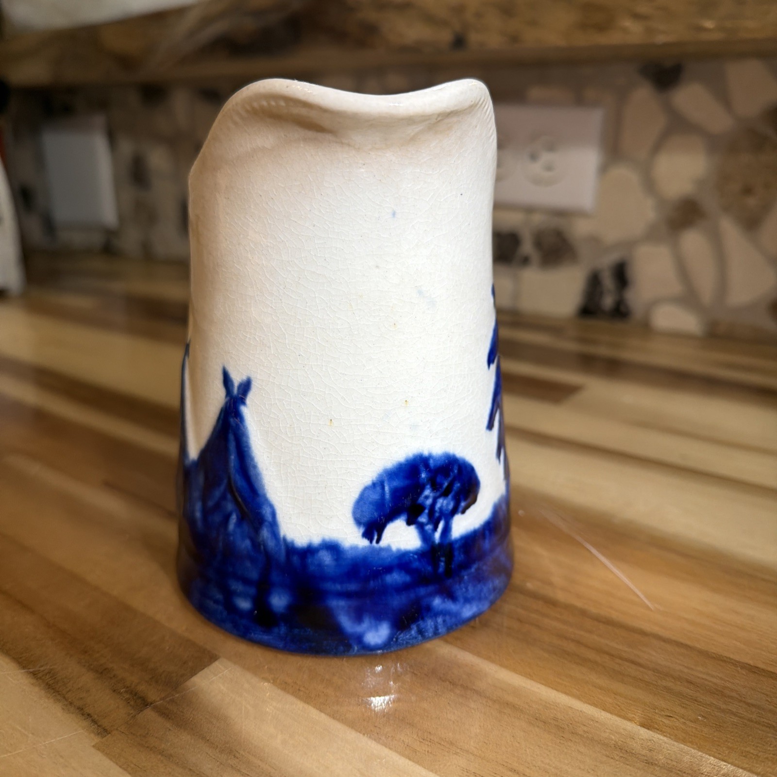 Original OLD SLEEPY EYE PITCHER MONMOUTH, IL POTTERY 5” TALL BLUE AND WHITE
