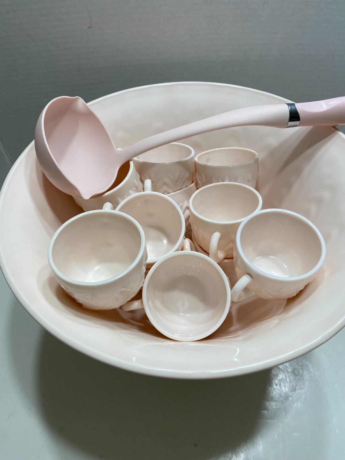 Jeannette Shell Pink Milk Glass Punch Bowl Set with Base and 12 cups Vtg 1950’s