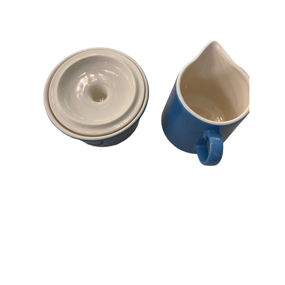 Blue White Ceramic Creamer and Lidded Sugar Bowl Midcentury Style