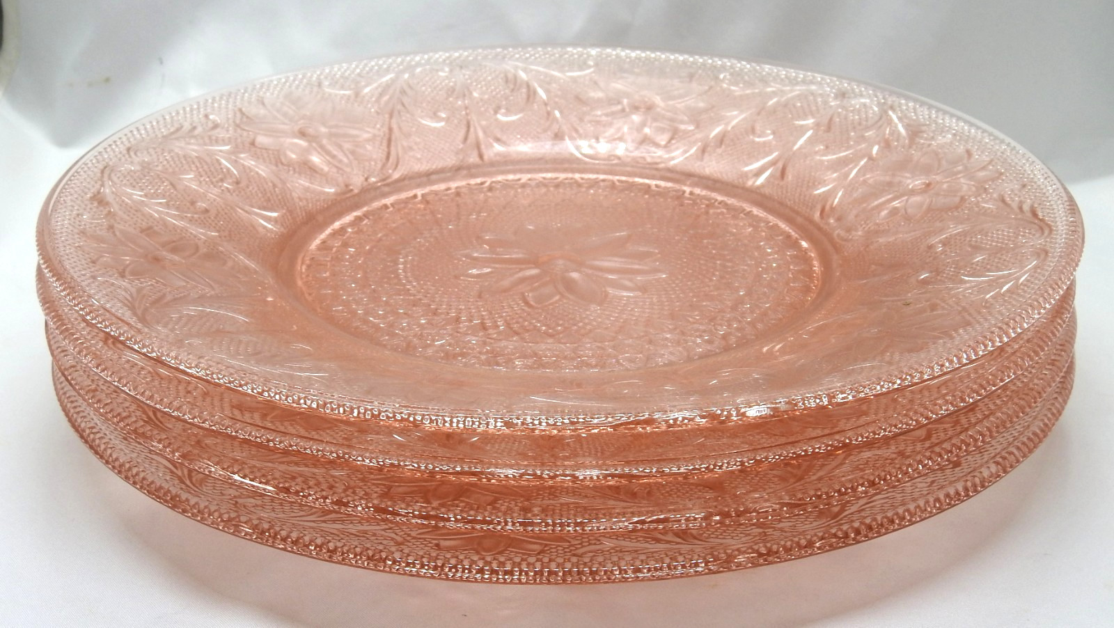 Set 4 Tiara PINK Sandwich Indiana Glass 10 3/8″ Round DINNER PLATES EUC