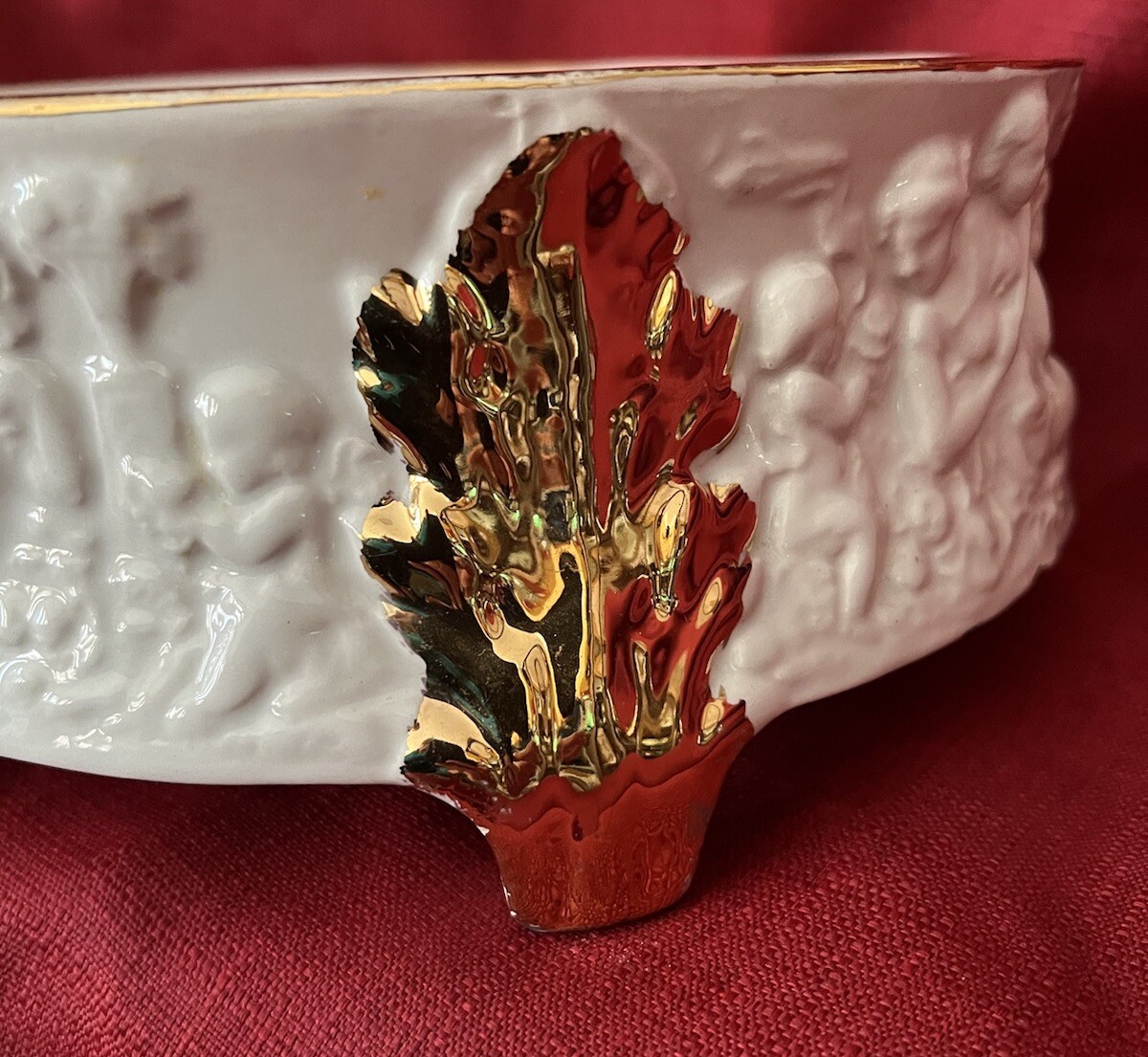 Figural Centerpiece Footed Bowl Embossed Cherubs Goddess Gold Accents Italy VTG