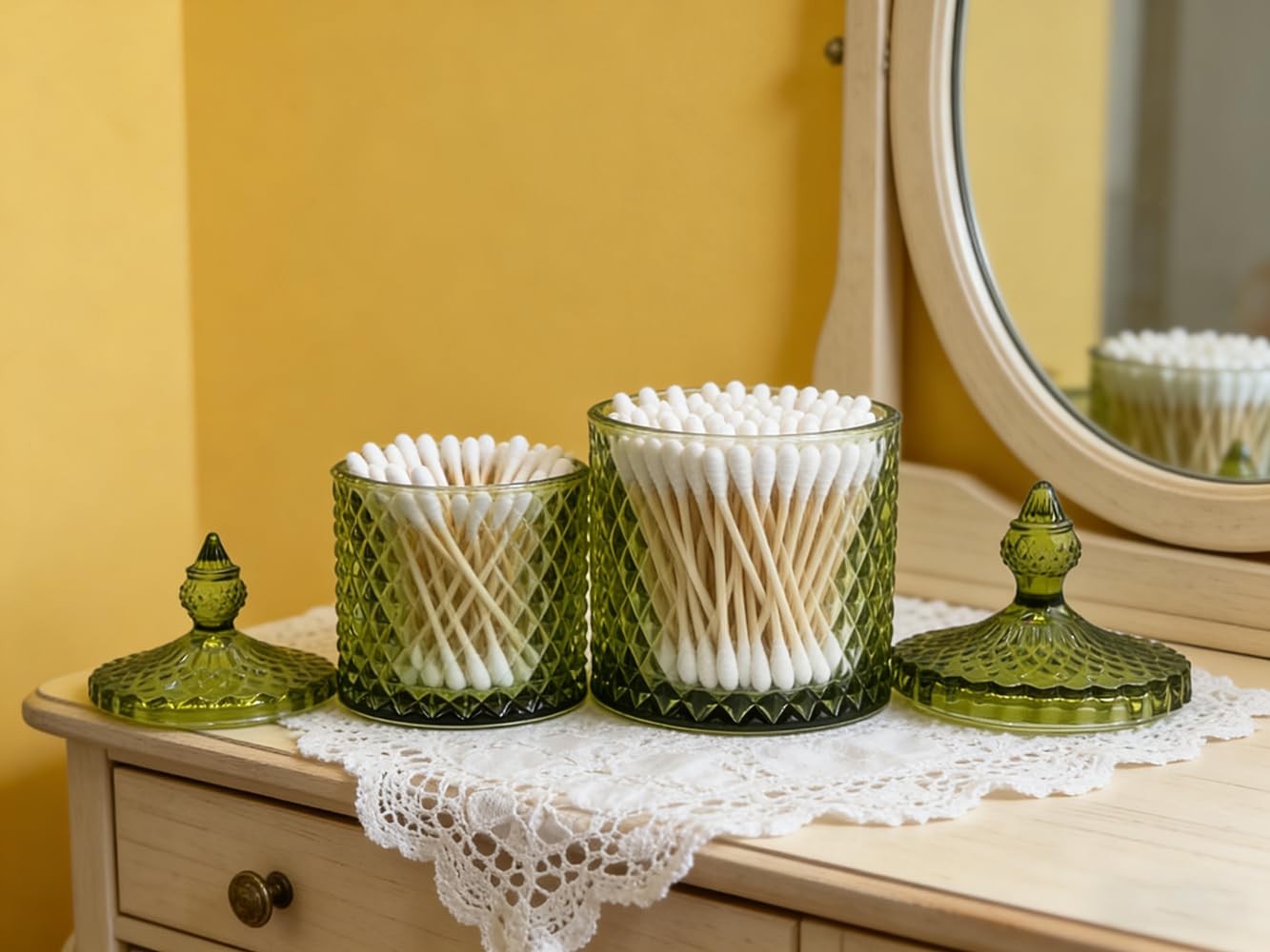 10 oz Olive Green Glass Candy Dish with Lid-Decorative Display Jar for Q-Tip …