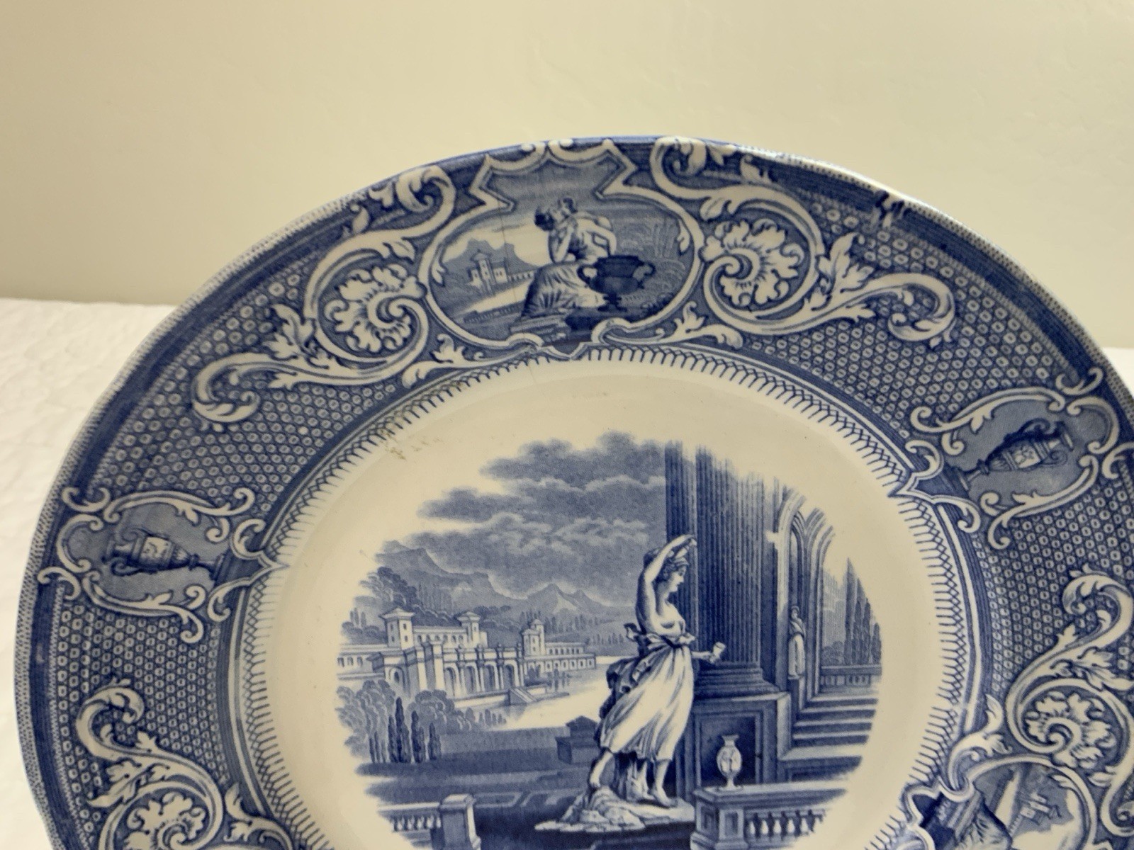 Antique Blue Transferware Dinner Plate, UK,, Grecian Lady & Castle, Davenport