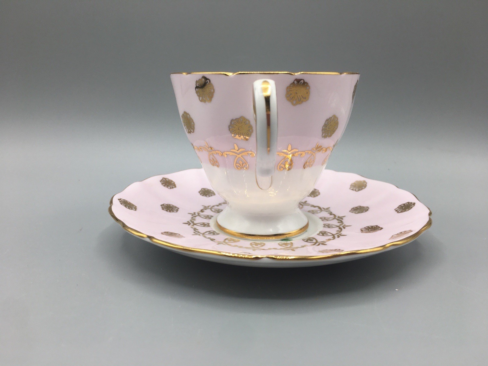 Grosvenor Teacup & Saucer Banded Pink & Gold Floral England Bone China Vintage