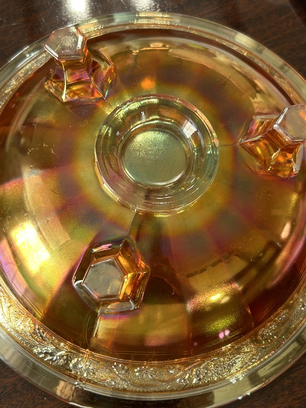 Vintage Carnival Marigold Iridescent 3 Footed Bowl – Floral & Foliate Pattern 9”