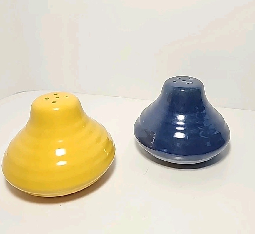 Vintage Cobalt Blue & Yellow Bauer salt and pepper shaker Set Beehive Ribbed