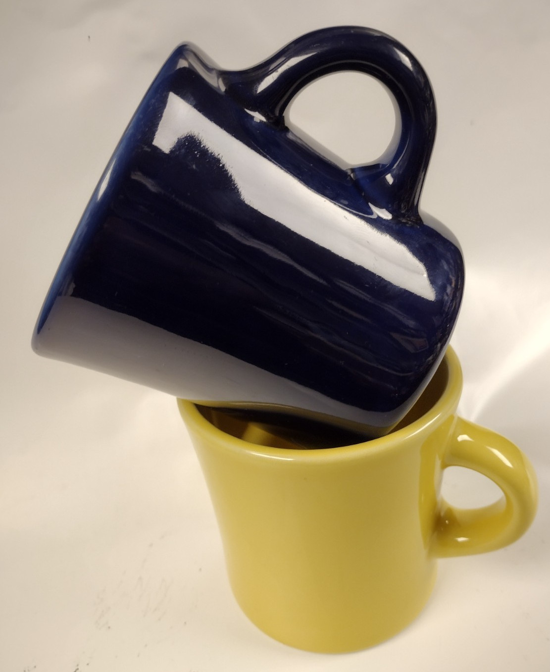 Pair of Homer Laughlin Yellow & Cobalt Blue Vintage Diner 10Oz Coffee Mugs USA