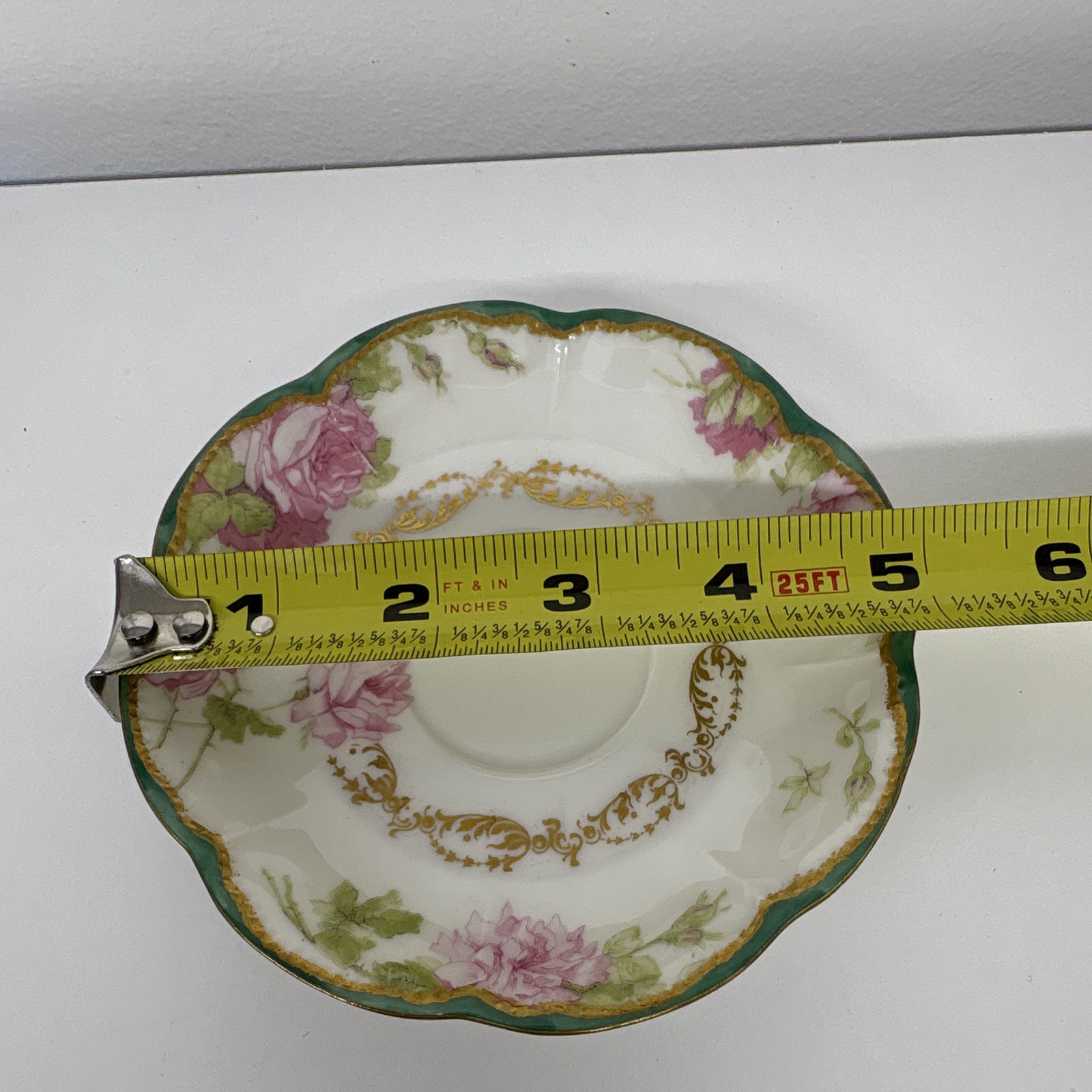 Haviland Limoges Floral Porcelain Saucer Green Rim Gold Trim 5 in