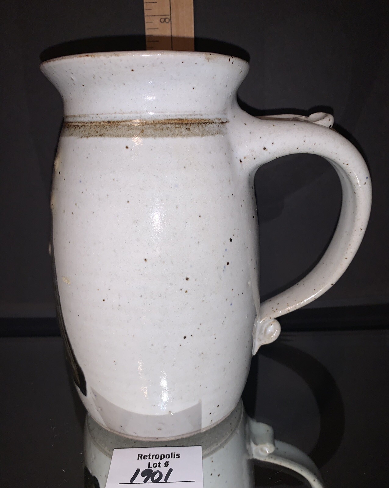 Hand Thrown Glazed Pottery Pitcher Artist Signed Feather Pattern Vintage