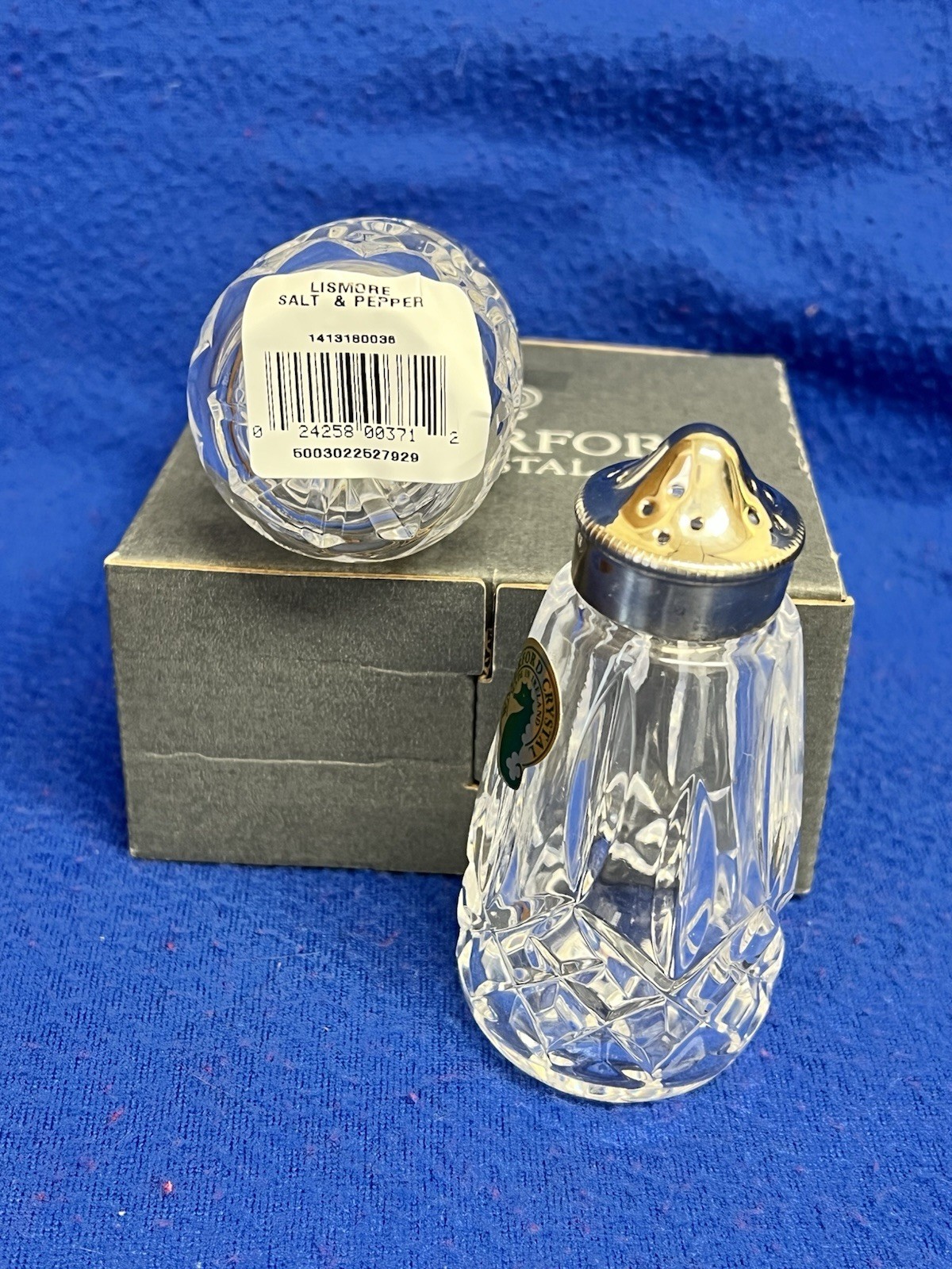Waterford Crystal “Lismore” Salt & Pepper Shakers NIB Signed Pristine