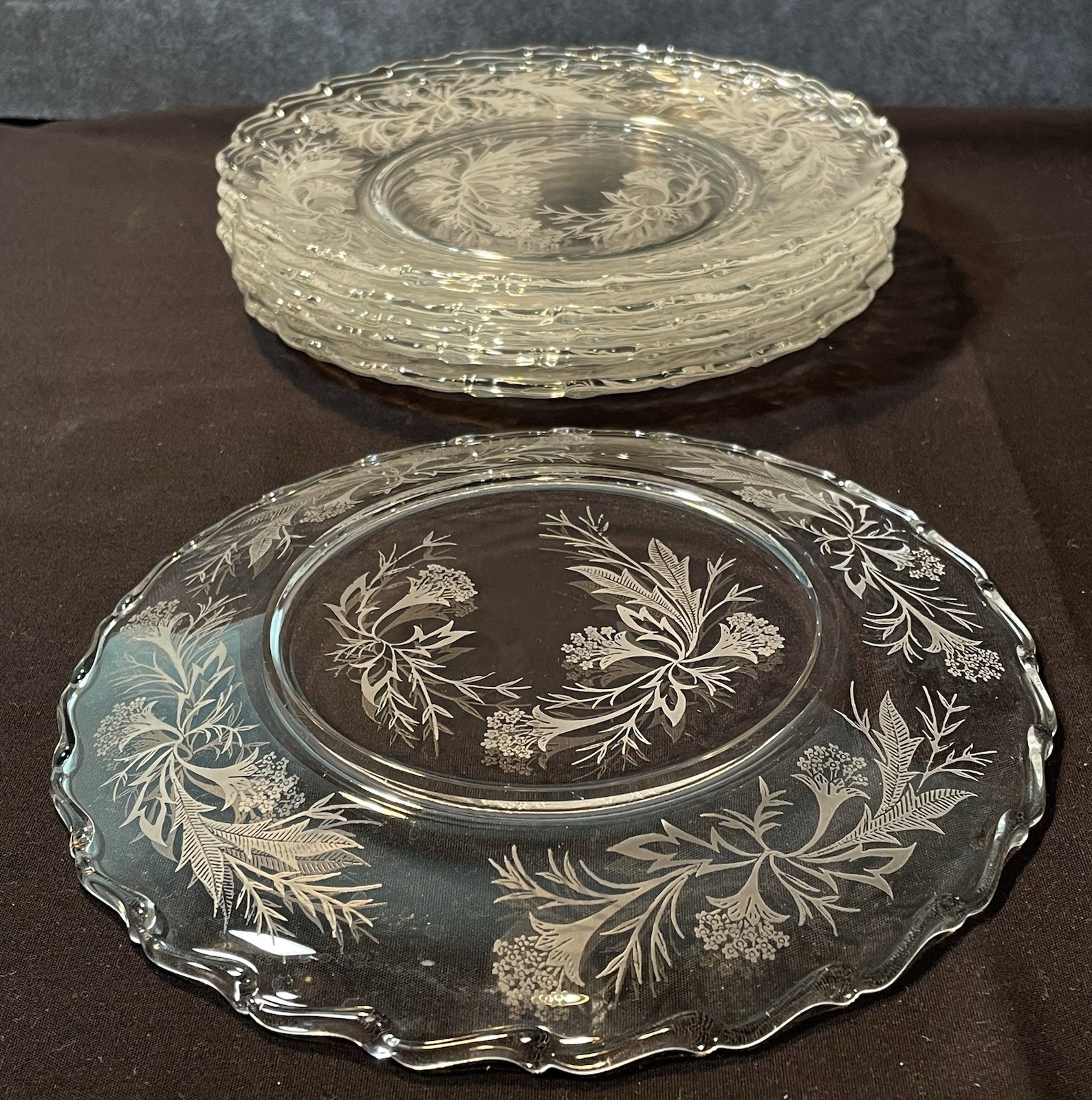 FREE SHIPPING Vintage 6 Fostoria HEATHER Salad Plates Clear Etched ElegantGlass