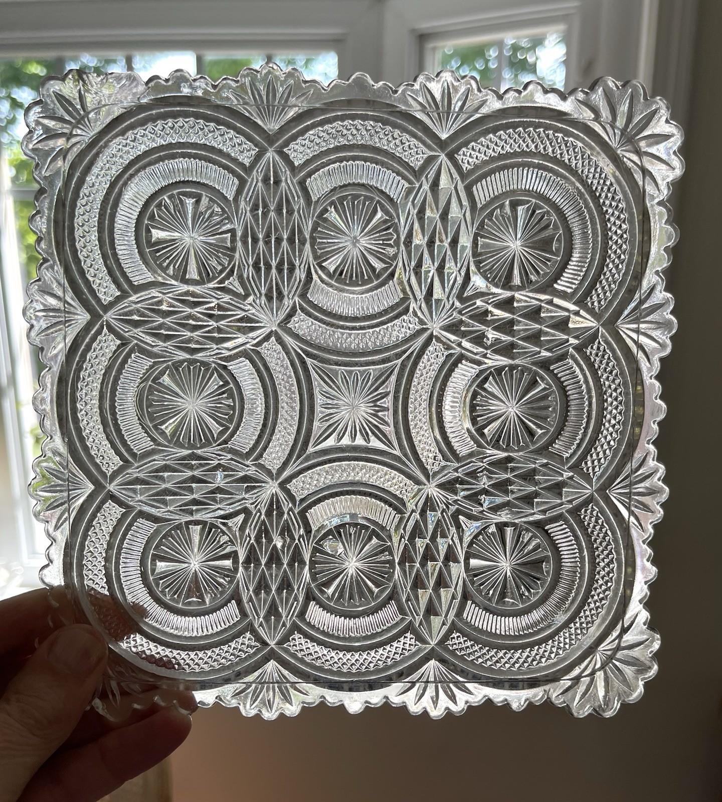2 Antique Bryce Higbee Banquet~ Medallion Sunburst Square Clear Salad Plates