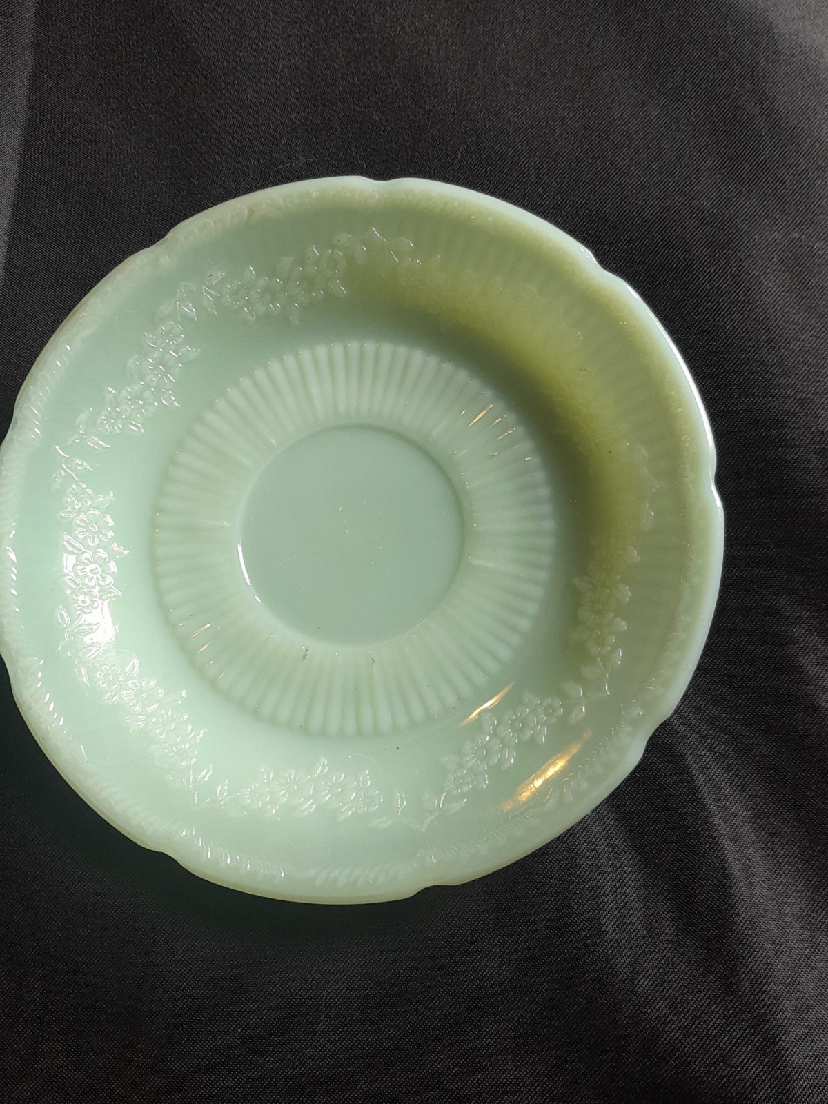 Four ALICE pattern Jadeite Anchor Hocking Saucers Nice Condition Replacecments