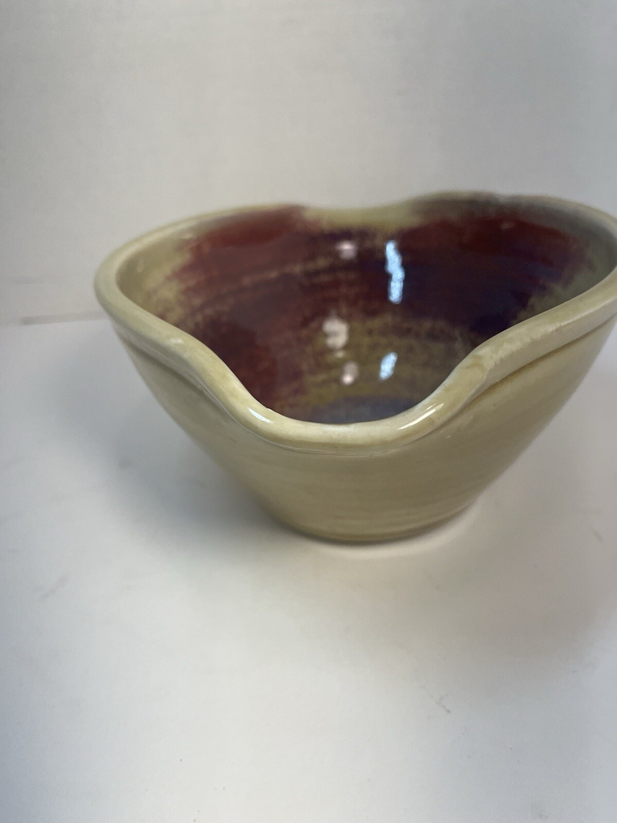 Handmade Asymmetrical Pottery Bowl Glaze Beige Red Signed 7.5 X 3.5 in.