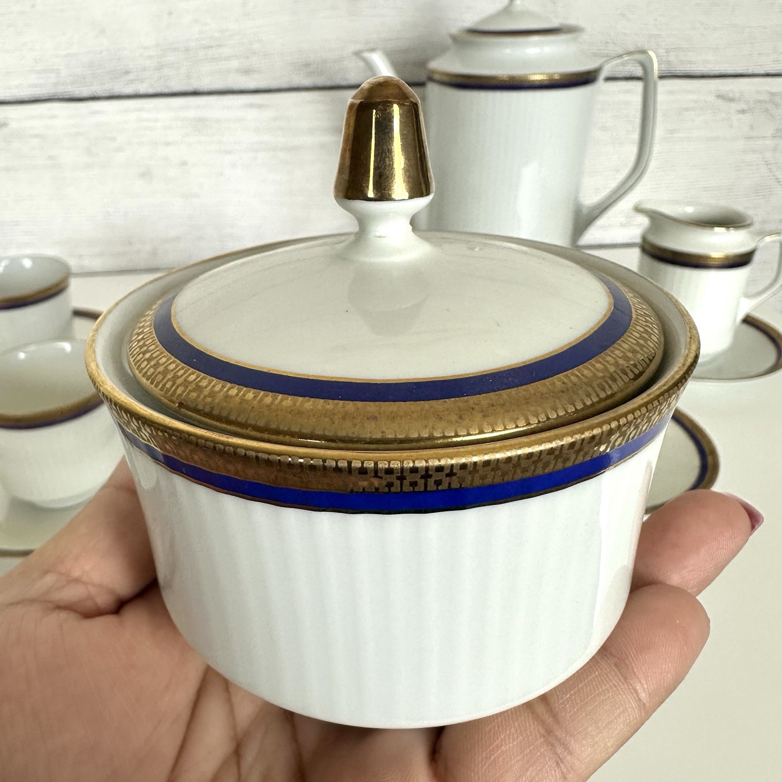 VTG Bareuther Bavaria Germany 100th Anniv. Coffee Set White Cobalt Gold 14 Piece
