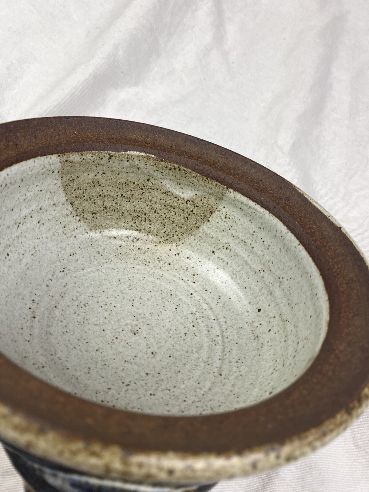 Pottery Bowl Or Brie Baker Pot Blue Tan White Speckled Glaze 6-3/4” Diameter