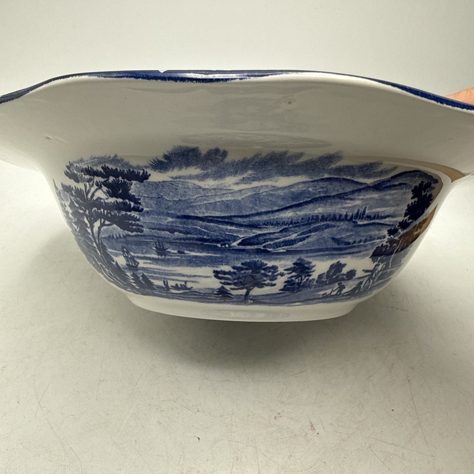 Liberty Blue “Boston Tea Party” Covered Serving Bowl – Historic Colonial Scene