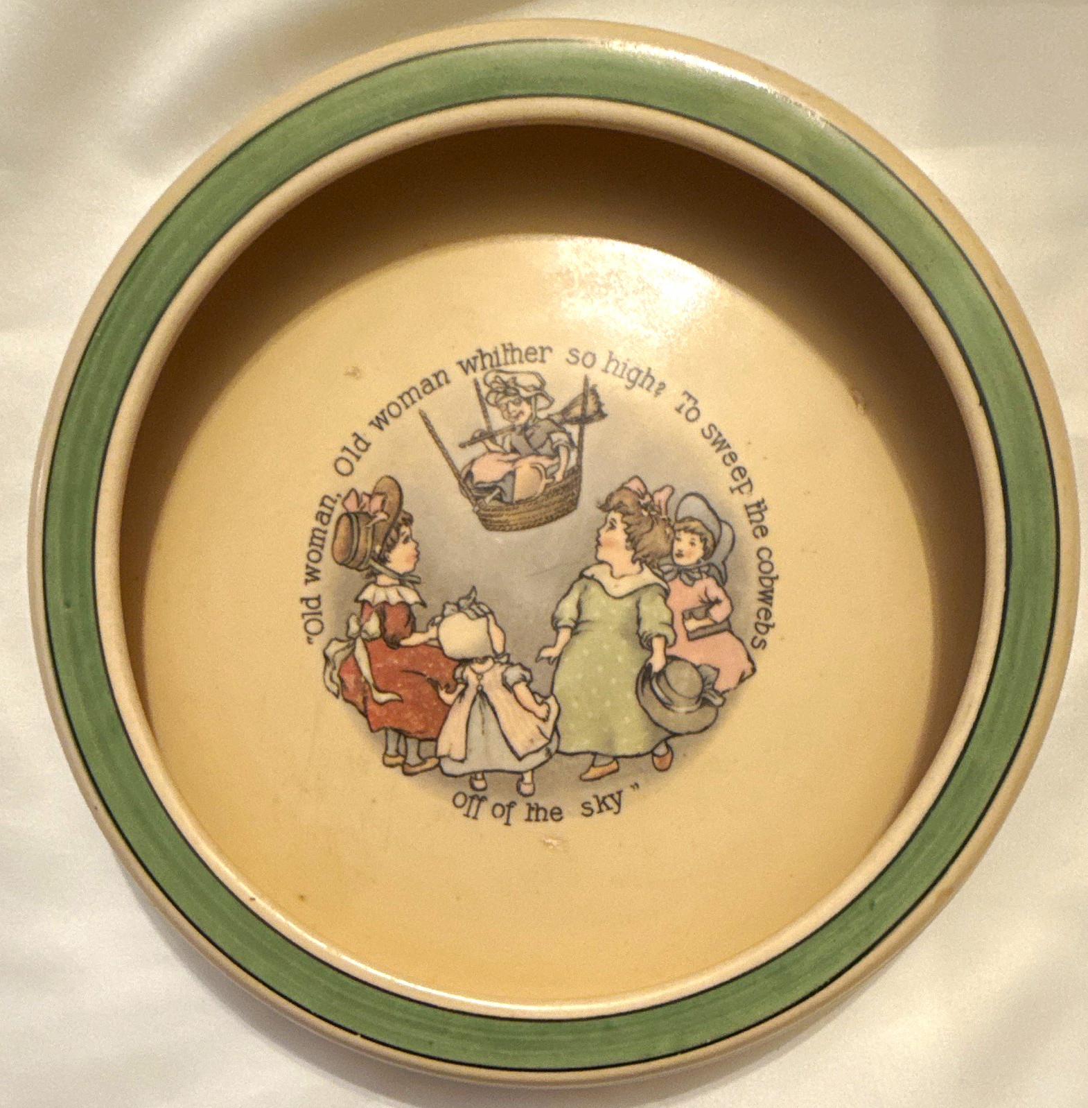 Ceramic Pottery Nursery Rhyme Bowl Beige w/ Green Rim Glossy 8 in Round