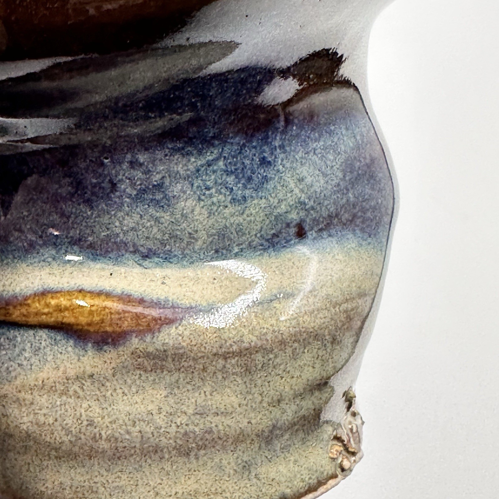 Studio Art Asymmetrical Warped Pottery Cup Blue Drip Glazed Artist Initialed