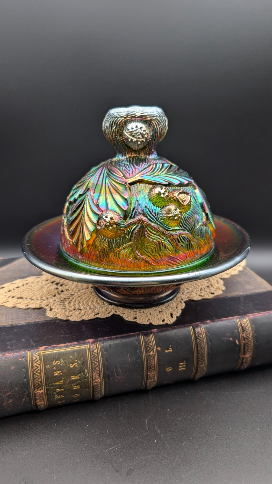 Antique Northwood Acorn Burrs Amethyst Carnival Glass Covered Butter Dish Signed
