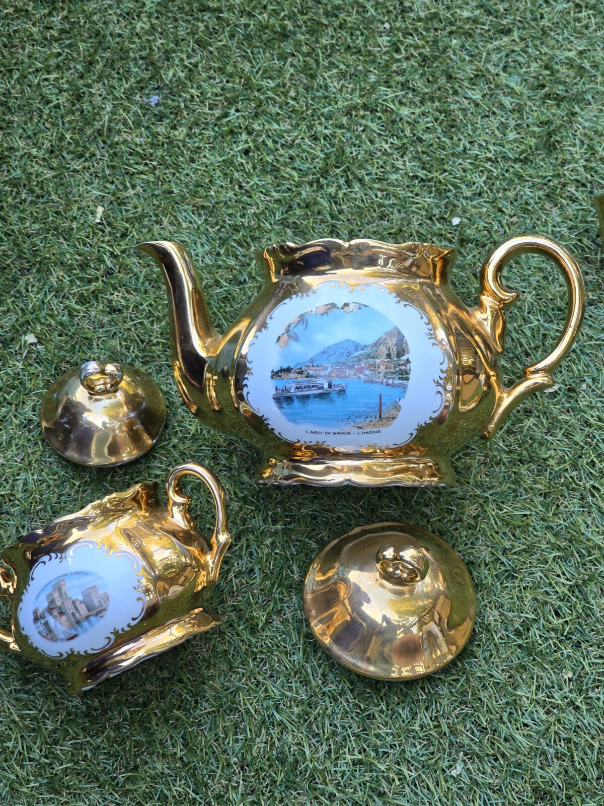 VTG 1960s Limone Castello MURANO GOLD PORCELAIN Tea Set 10 Piece 2 Cups 4 Plates