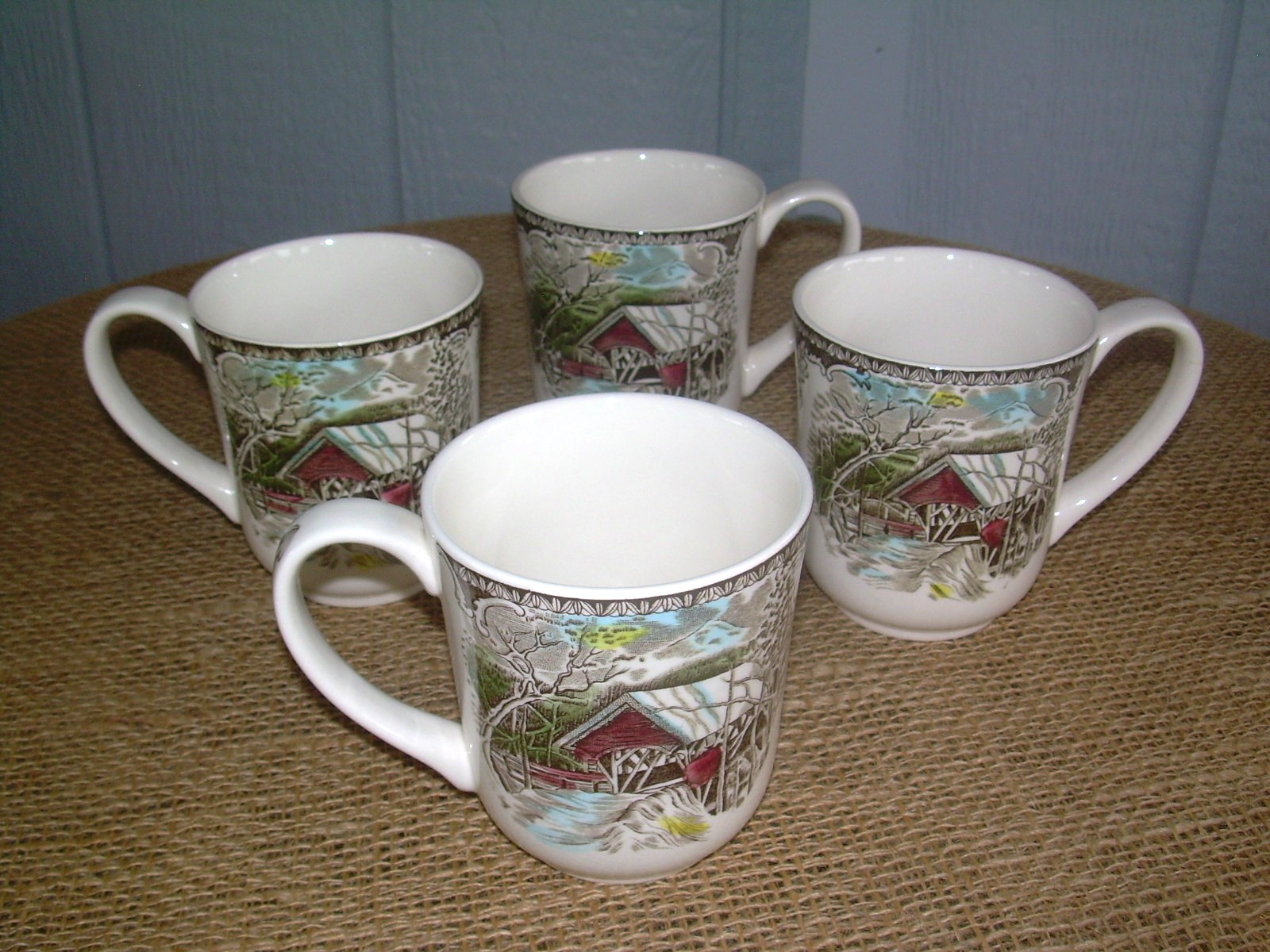 LOT/4 ~Johnson Bros ~ Friendly Village Covered Bridge Coffee Mugs England~ MINT