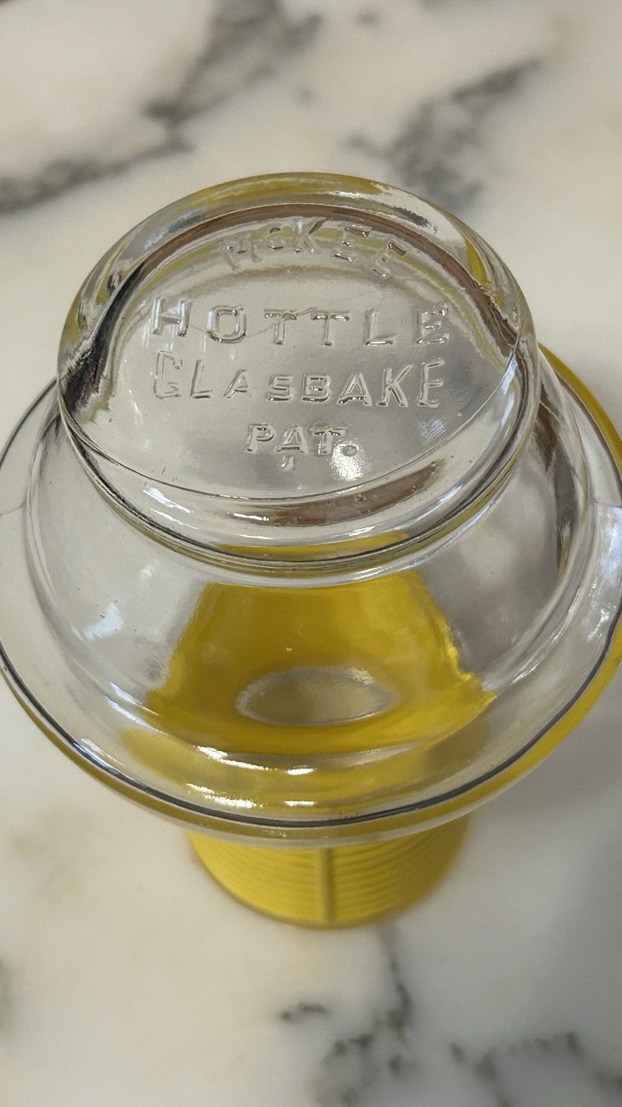 Glasbake Yellow Coffee Hottle Carafe/Decanter/Bottle c1950s USA 6.5″ With Lid