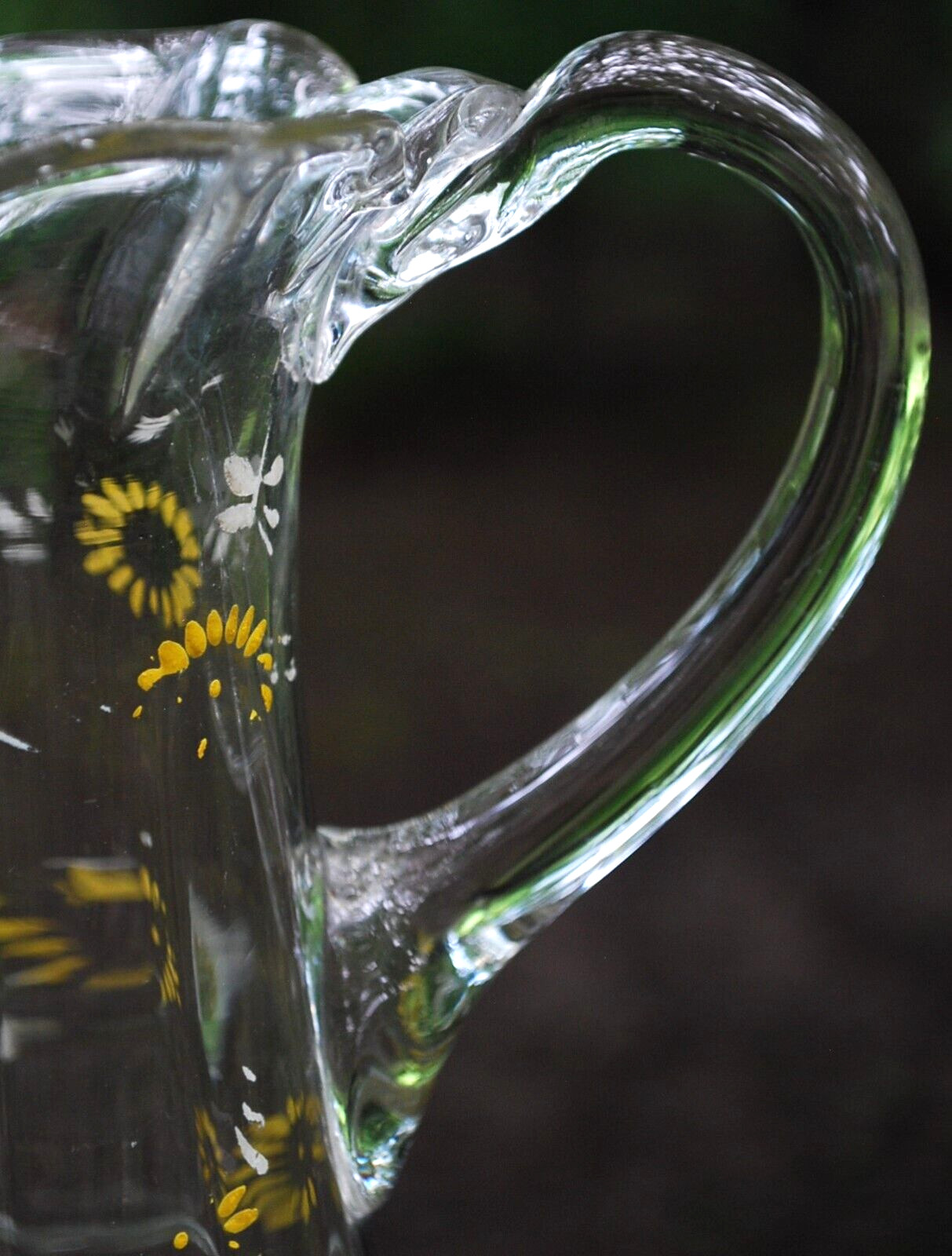 Antique Victorian PITCHER Clear Optic Glass FLORAL ENAMELED DAISIES Petal Rim