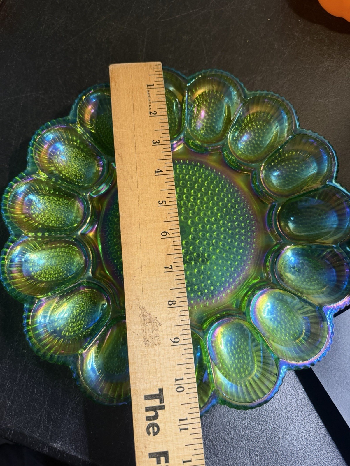Vintage Indiana Glass Carnival Green Hobnail Egg Plate Iridescent