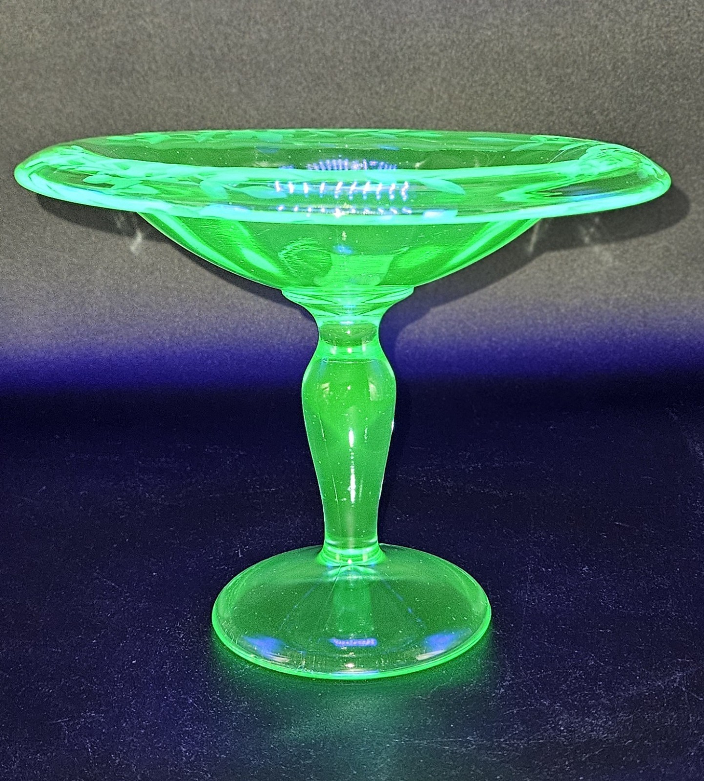 Green Depression Etched Vaseline Uranium Candy Dish Glass Pedestal Compote