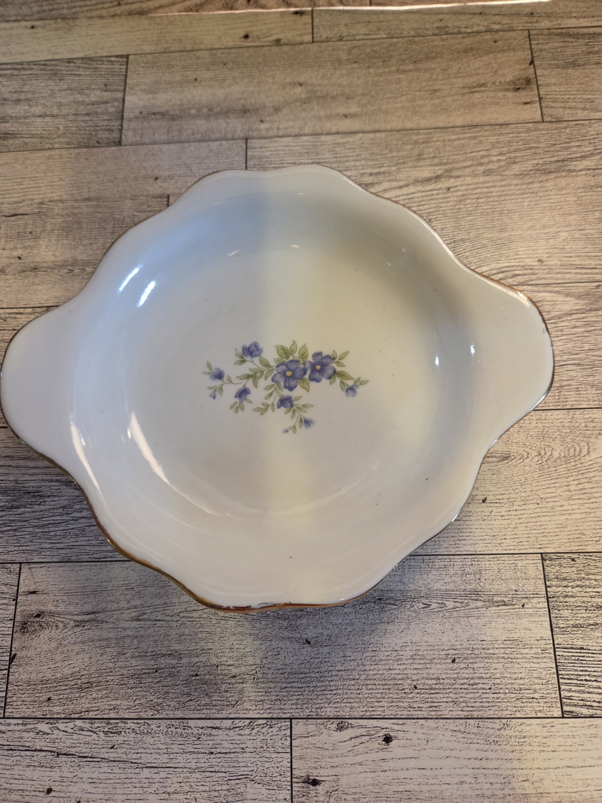 Ceramic Candy Dish/ Trinket Dish 7.75” White With Blue Floral Handles Vintage