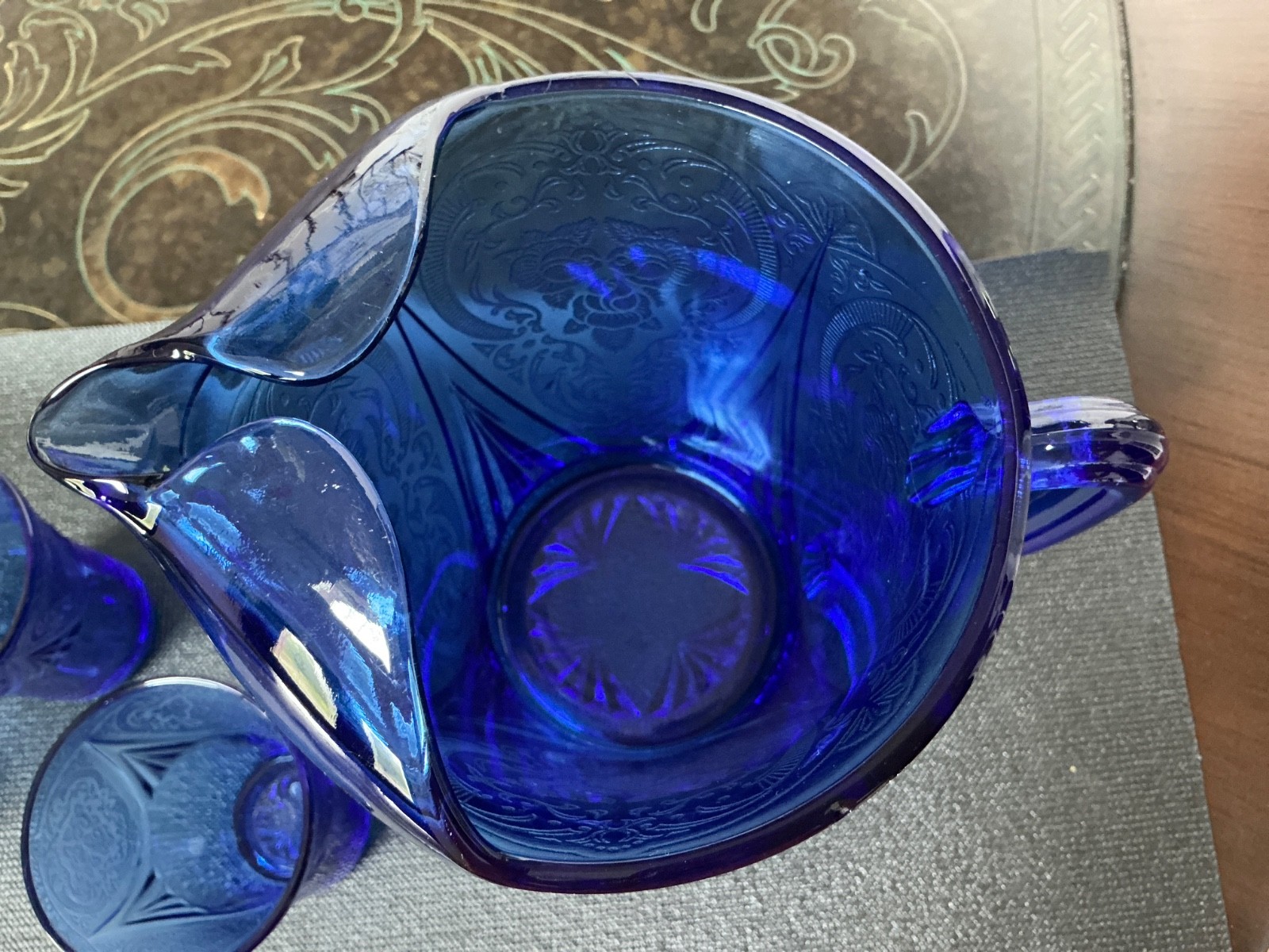 Rare vintage Hazel-Atlas Royal Lace cobalt blue pitcher 68 oz and glasses