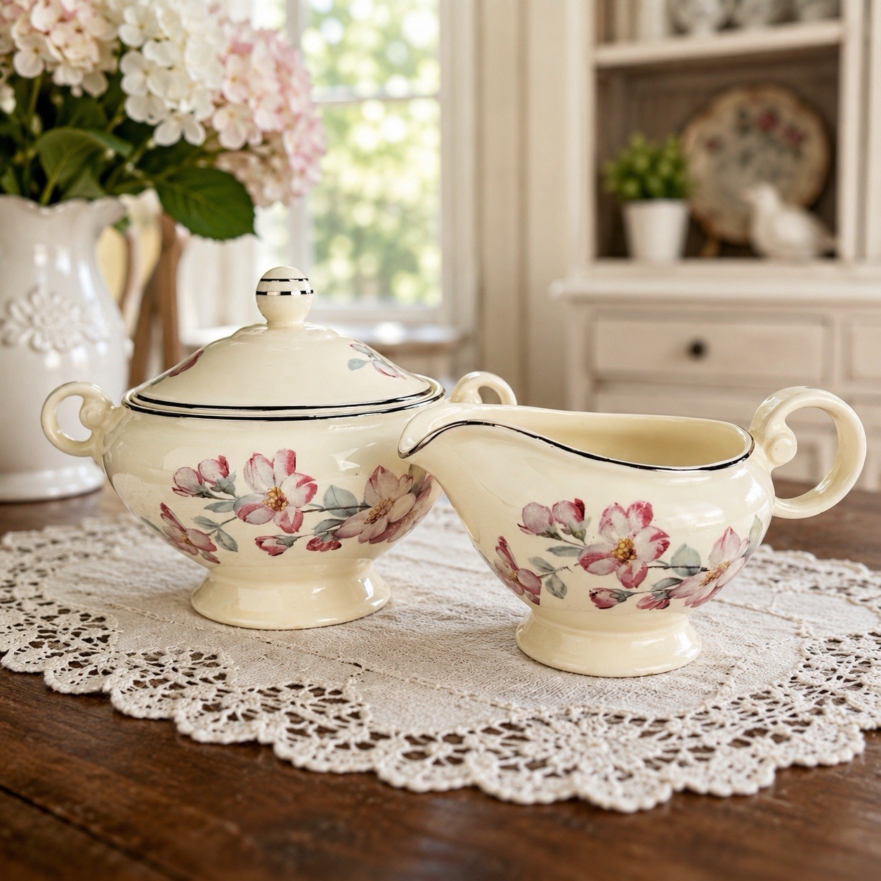 Vintage Taylor Smith Taylor 9378 Creamer Covered Sugar Bowl Floral TS&T