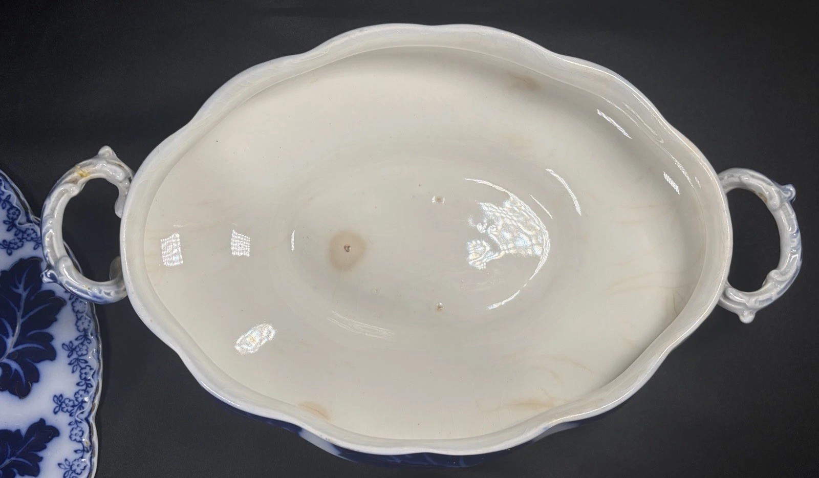 Antique Johnson Bros Normandy Flow Blue Oval Covered Vegetable Bowl Dish 11.5”